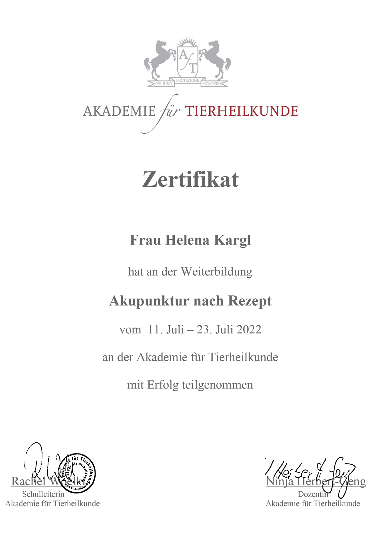 Tierphysiotherapie Köln - Zertifikat Akupunktur