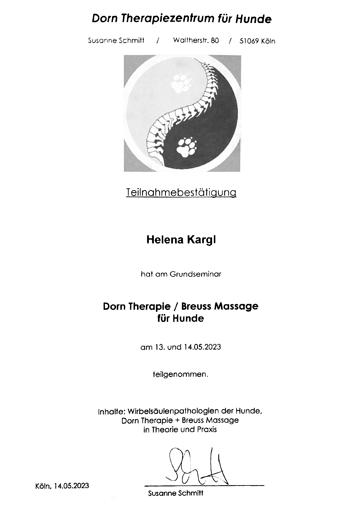 Tierphysiotherapie Köln - Zertifikat Dorntherapie & Breuss Massage für Hunde