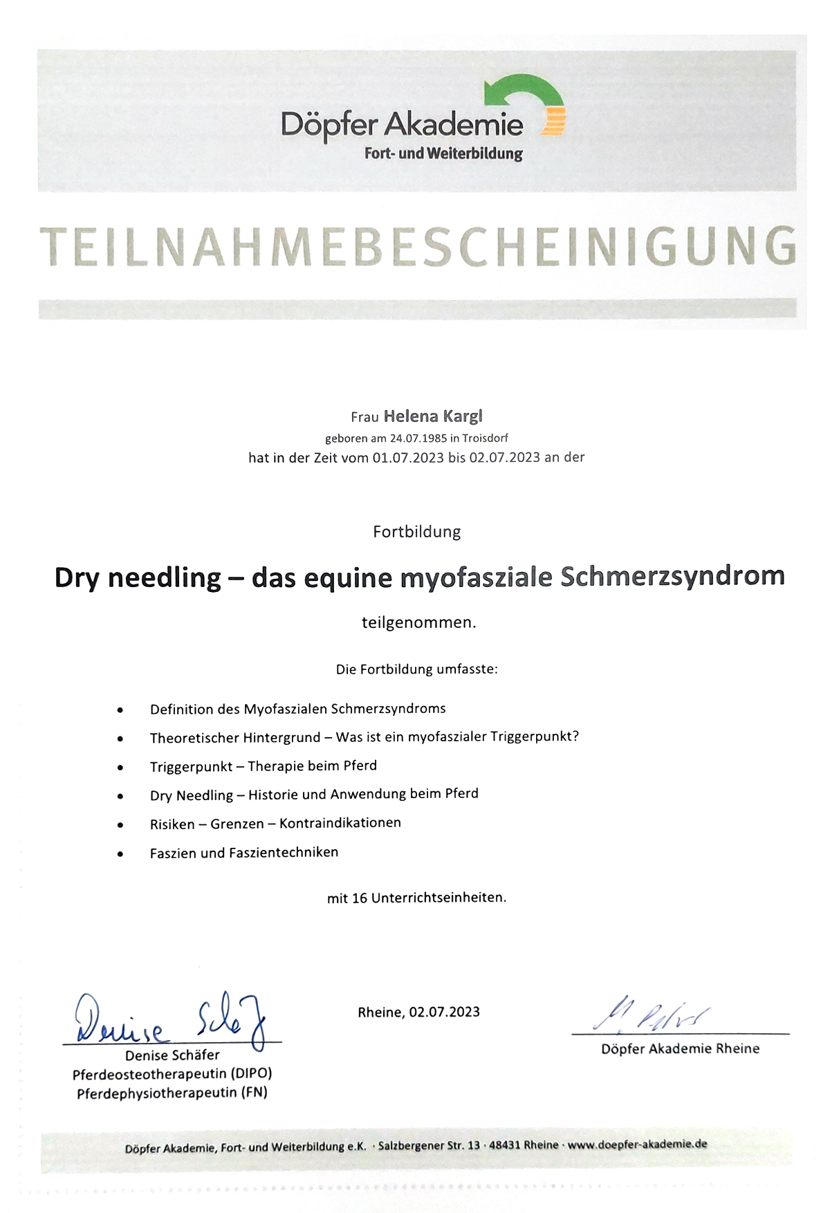 Zertifikat Dryneedling - Tierphysiotherapie Köln