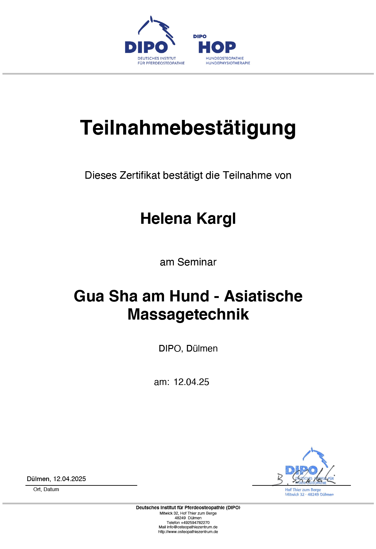 Zertifikat-Gua-Sha-Hund-Massagetechnik