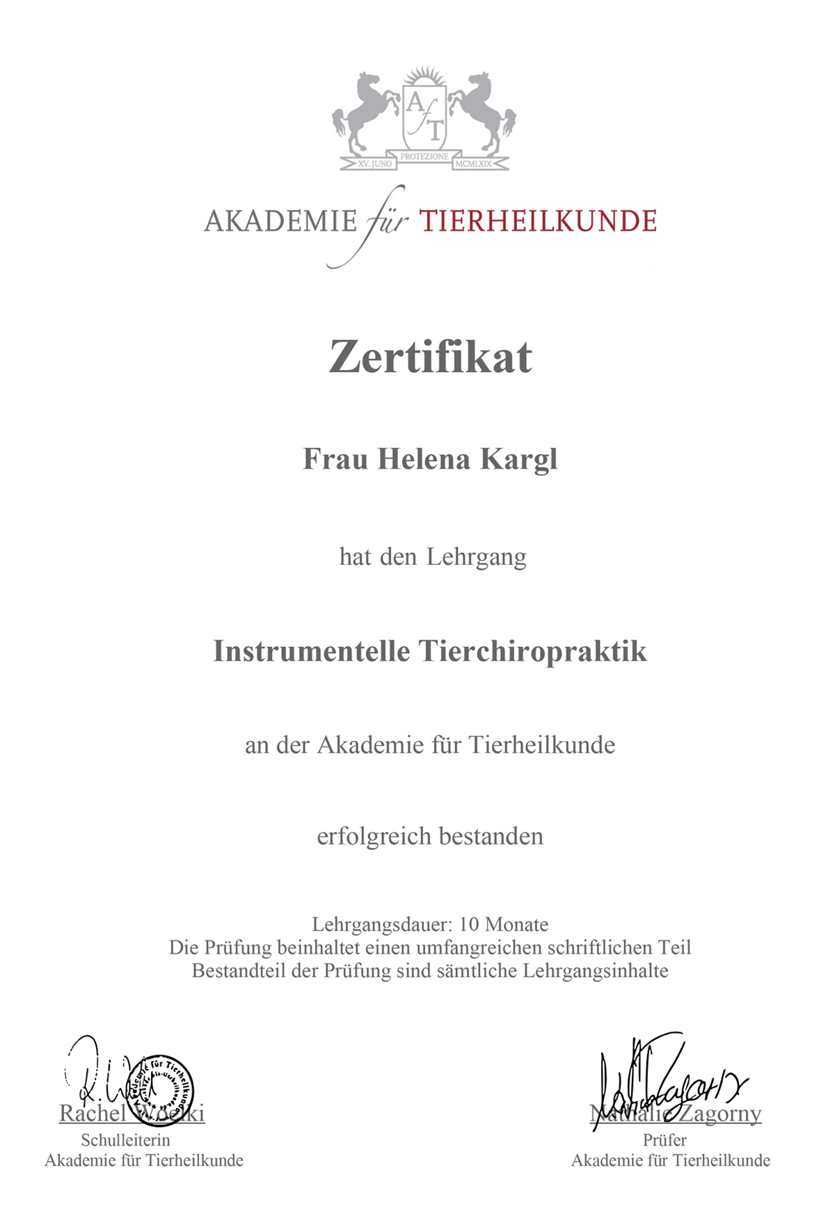 Zertifikat-Tierchiropraktik